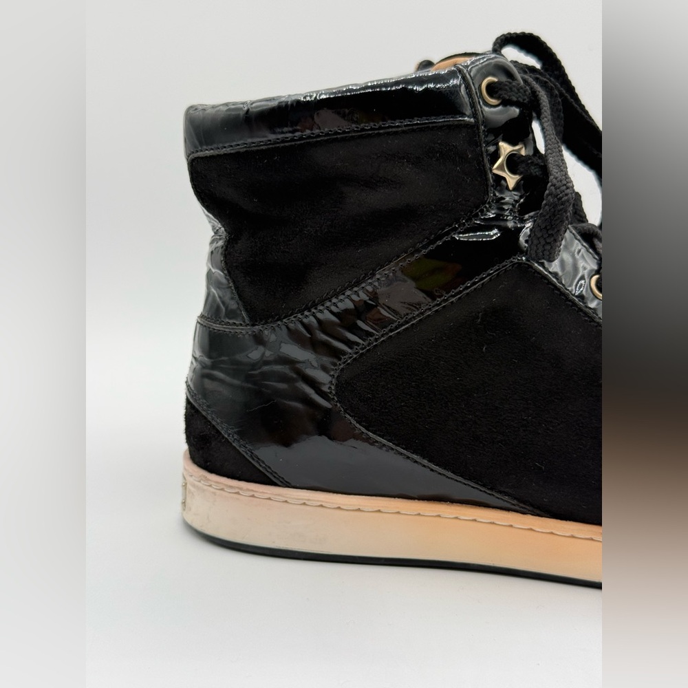 Jimmy Choo Black Suede & Patent Leather High-Top Sneakers Gold Eyelets Size 35.5 - Picture 5 of 16